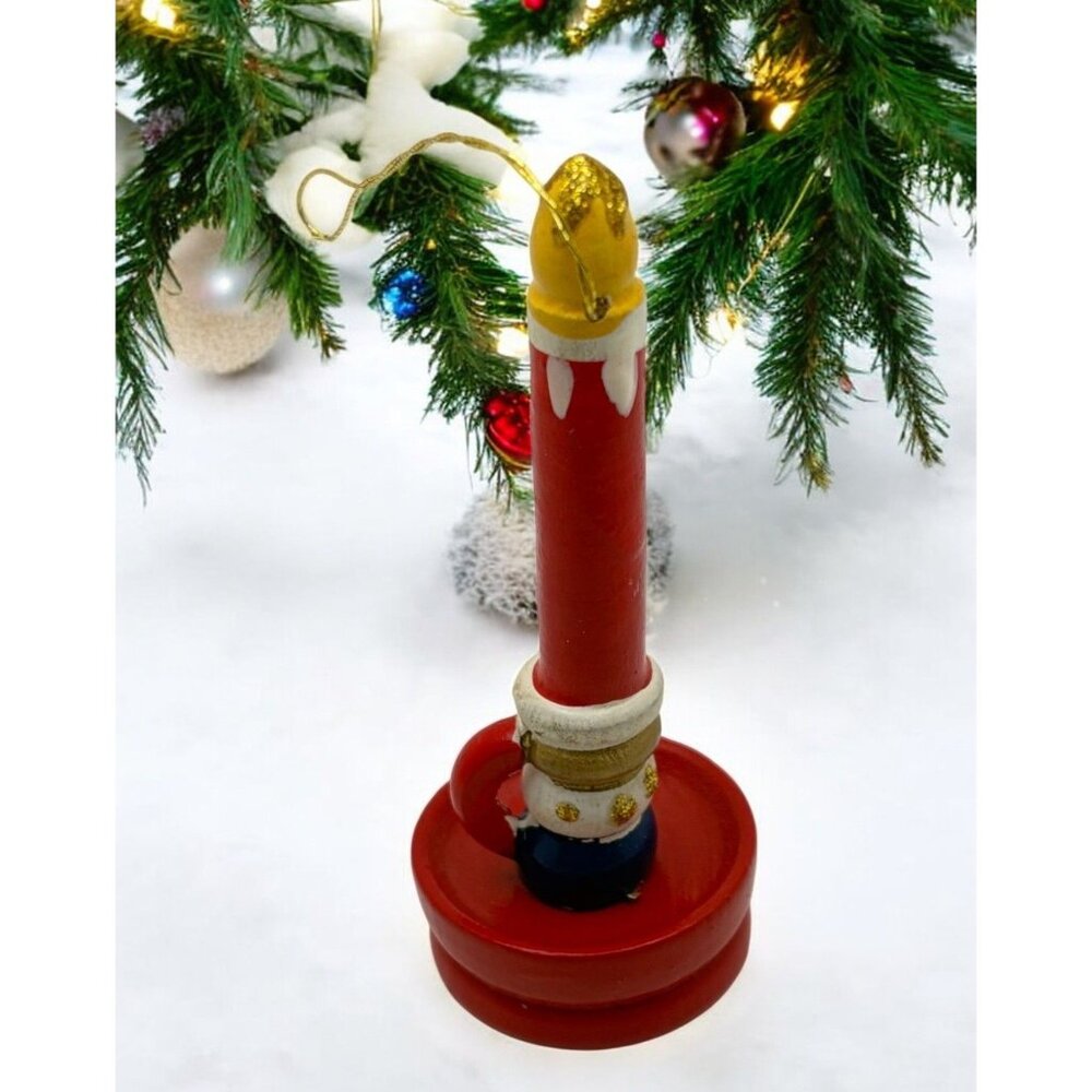 Vintage Wooden Candle Christmas Tree Ornament Chamberstick Glitter Flame